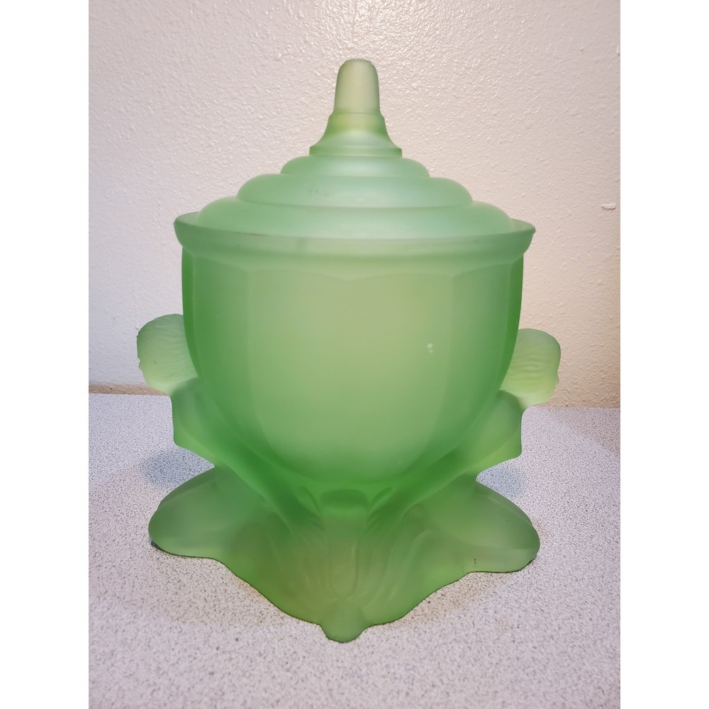 Art Deco Green Frosted Glass Candy Dish Figural Lidded Jar Satin